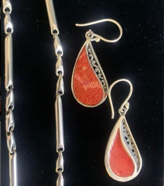 Large Sponge Coral Sterling Silver Pendant Necklace and Earrings Set