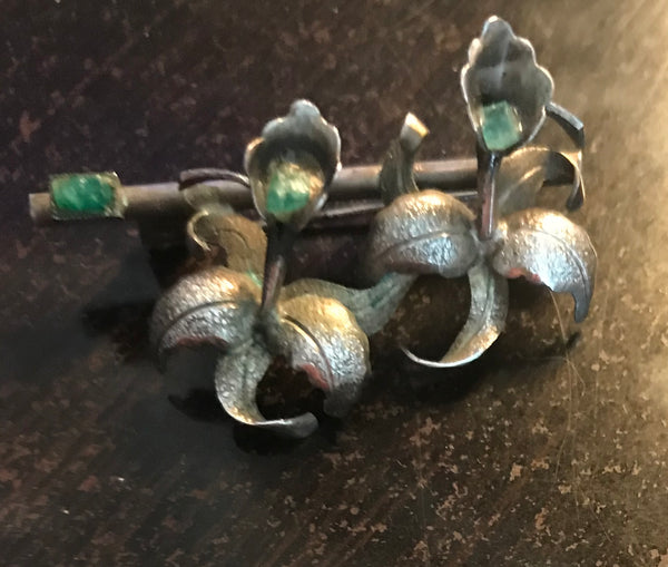 Twin Sterling Orchids with Raw Emeralds Pin