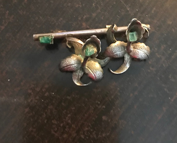 Twin Sterling Orchids with Raw Emeralds Pin