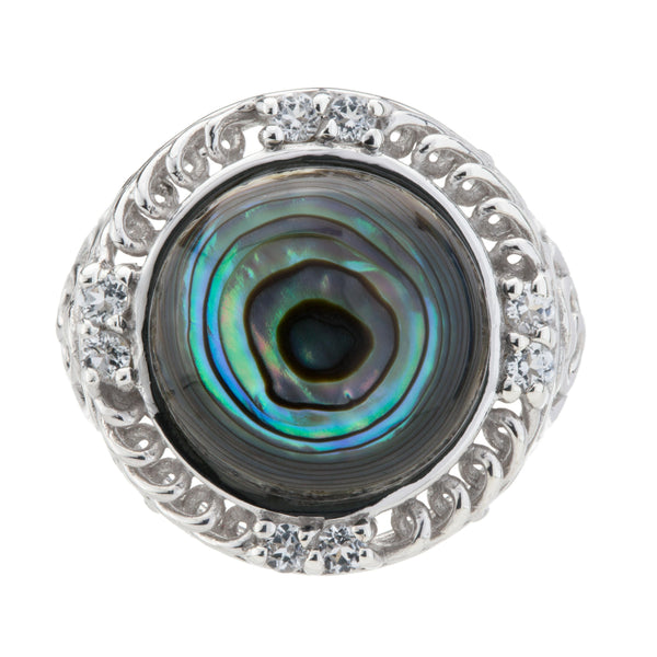 Silver Abalone & White Topaz Textured Ring Size 7
