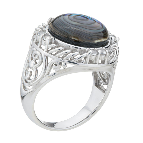 Silver Abalone & White Topaz Textured Ring Size 7