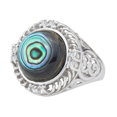Silver Abalone & White Topaz Textured Ring Size 7