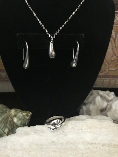 18k White Gold Teardrop Necklace, Adjustable Ring, and Threader Earrings Jewelry Set