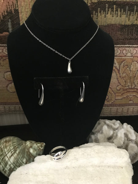 18k White Gold Teardrop Necklace, Adjustable Ring, and Threader Earrings Jewelry Set
