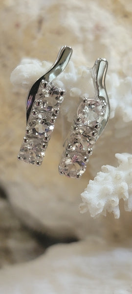 Three Stone Linear Pink Morganite Sterling Latchback Earrings