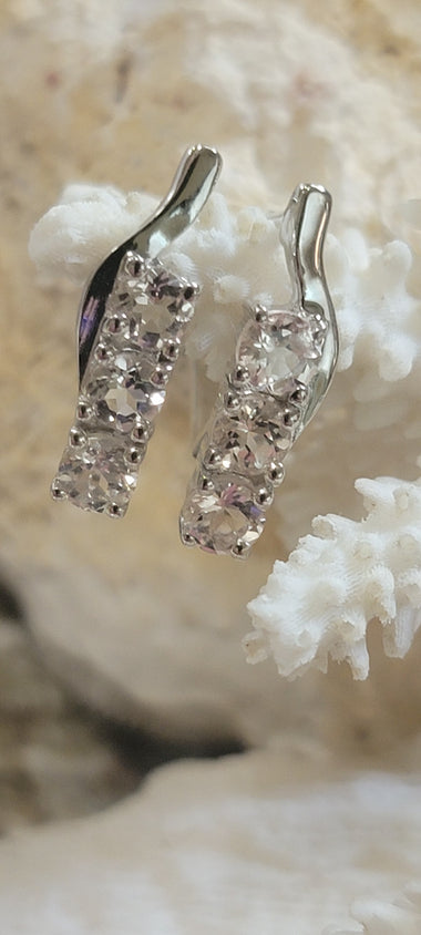 Three Stone Linear Pink Morganite Sterling Latchback Earrings