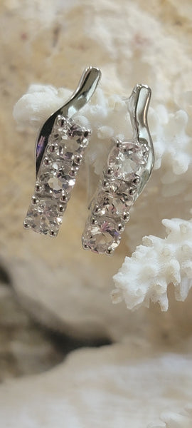 Three Stone Linear Pink Morganite Sterling Latchback Earrings