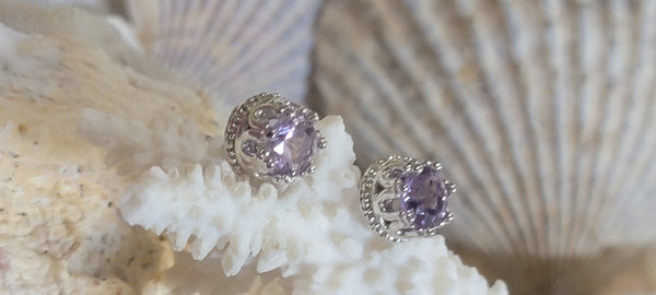 2 ct Brazilian Amethyst Sterling Silver Crown Design Stud Earrings