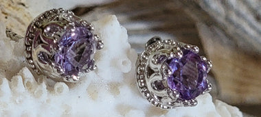 2 ct Brazilian Amethyst Sterling Silver Crown Design Stud Earrings