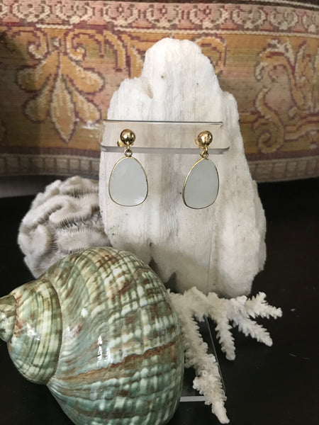 24K Gold Translucent White Chalcedony Round Ball Large Drop Dangle Earrings