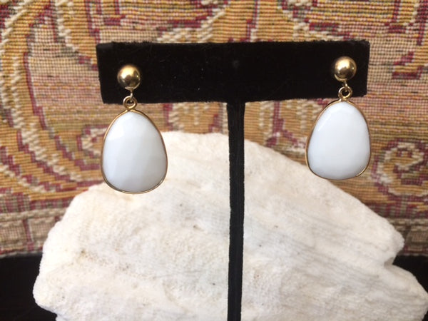 24K Gold Egg White Chalcedony Top Round Ball Large Drop Dangle Earrings