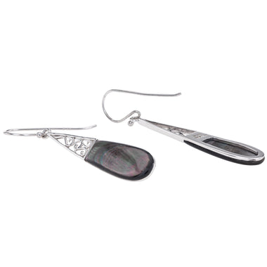 Sterling Silver Black Mother of Pearl Elongated Drop Earrings