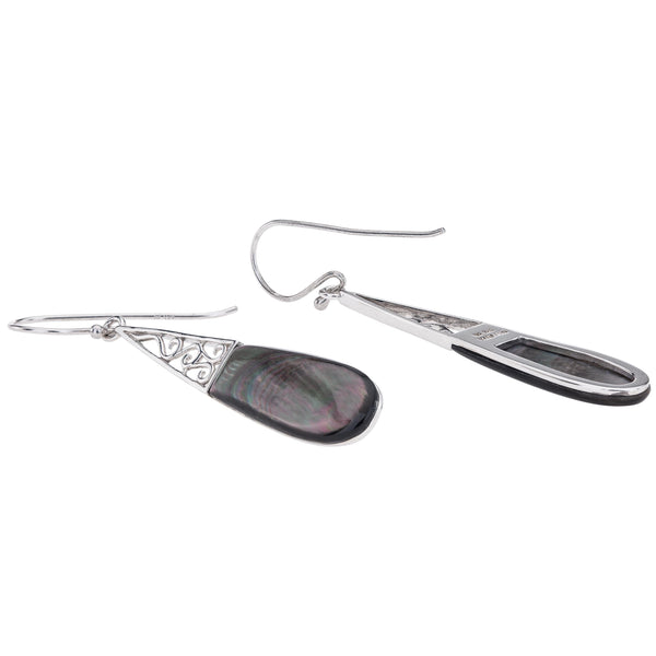 Sterling Silver Black Mother of Pearl Elongated Drop Earrings