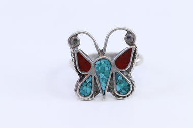Navajo Vintage Butterfly Sterling Turquoise Coral Ring Size 5
