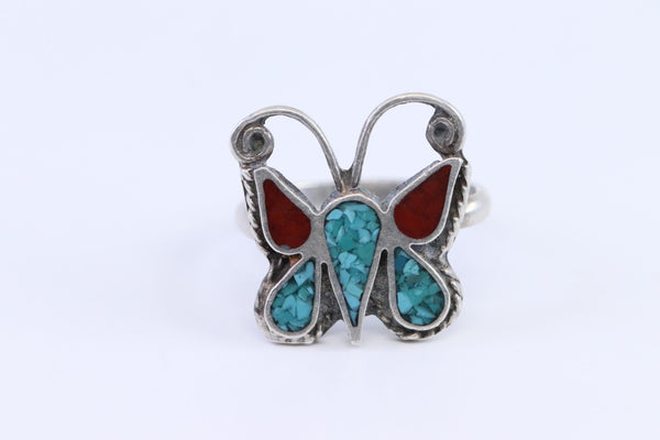 Navajo Vintage Butterfly Sterling Turquoise Coral Ring Size 5