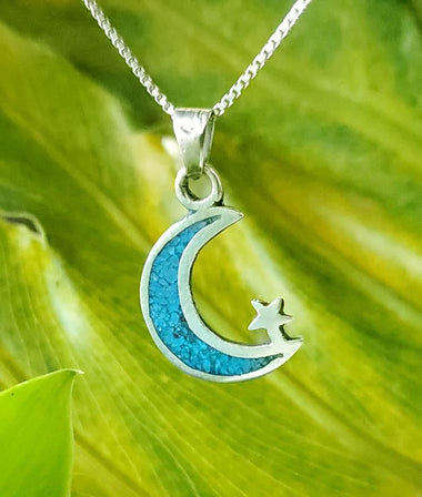 Mexico Alpaca Silver & Turquoise Crescent Moon 20" Necklace