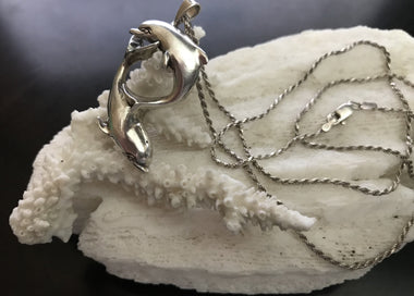 Fine Frolicking Sterling Silver Double Dolphin 23" Necklace
