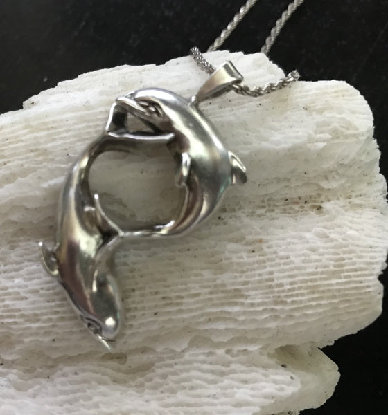 Fine Frolicking Sterling Silver Double Dolphin 23" Necklace