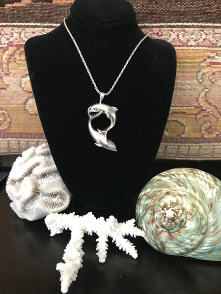 Fine Frolicking Sterling Silver Double Dolphin 23" Necklace