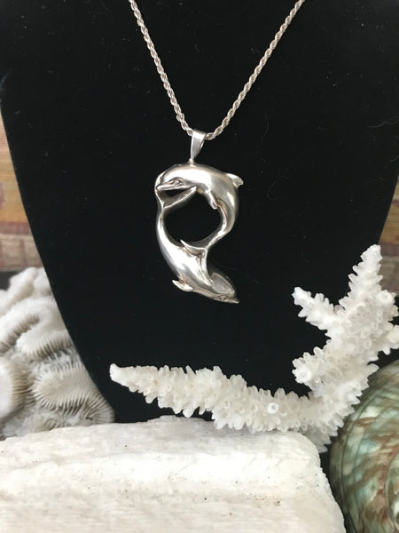 Fine Frolicking Sterling Silver Double Dolphin 23" Necklace