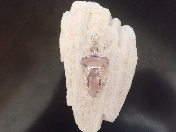 Pink Crystal Kunzite Large Pendant 925 Sterling Silver