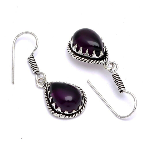 Amethyst Cabochon Gemstone Pear Drop Earrings 1.5''