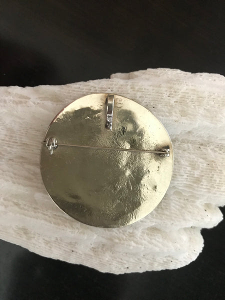 Native Alpaca Large Circular Aztec Inlaid Turquoise Silver Pendant or Pin