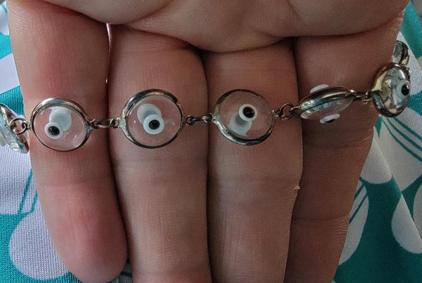 Greek Evil Eye Protection black/white Sterling Silver Bracelet chain 7.5"