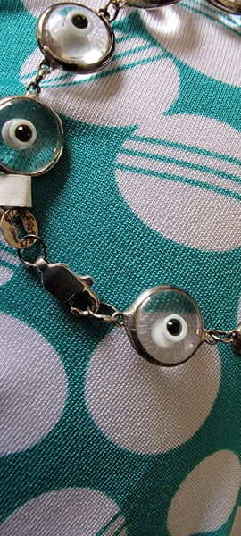 Greek Evil Eye Protection black/white Sterling Silver Bracelet chain 7.5"