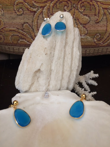 Sky Blue Egg Chalcedony Top Round Ball Large Drop Dangle Earrings