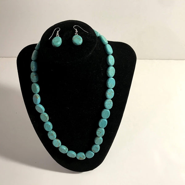 Native Blue Turquoise Round Stone Necklace w/ Matching Earrings