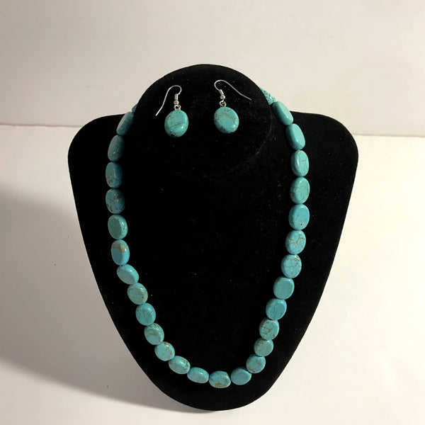 Native Blue Turquoise Round Stone Necklace w/ Matching Earrings