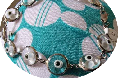 Greek Evil Eye Protection black/white Sterling Silver Bracelet chain 7.5"
