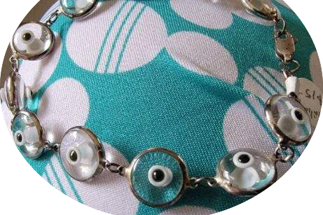 Greek Evil Eye Protection black/white Sterling Silver Bracelet chain 7.5"