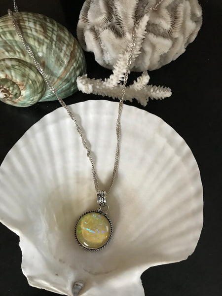 Handcrafted 1.5" Opal  Round Pendant on 30" Sterling Silver Milor Italy 925 Wheat Chain Necklace