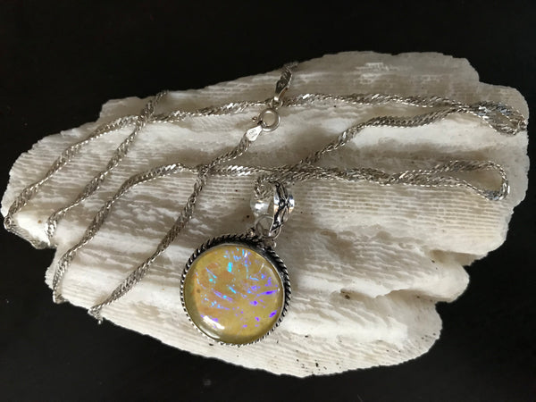 1.5" Opal Pendant on 33" Sterling Silver Milor Italy 925 Wheat Chain Necklace