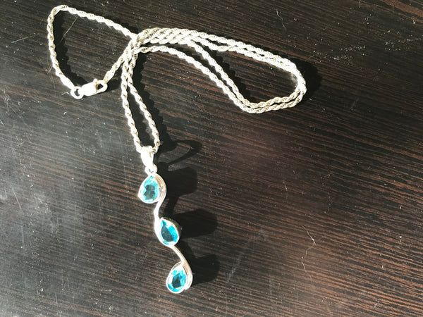 Handmade Blue Topaz Quartz pendant on Italian Chain Necklace