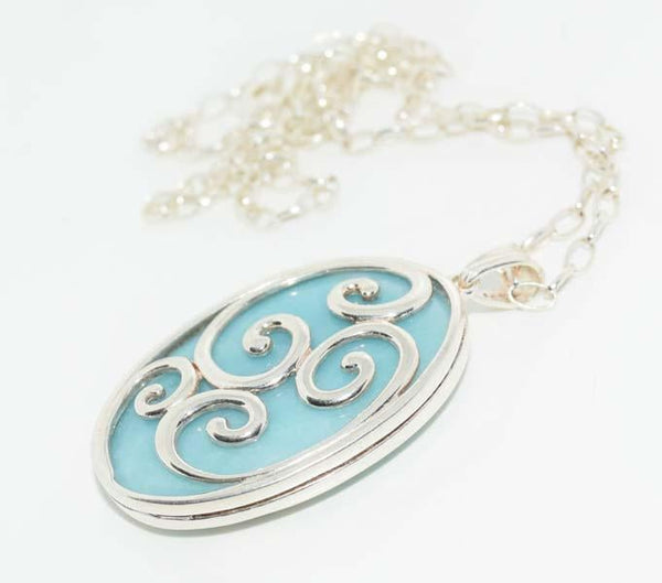 Italian Heavy Sterling Silver Larimar Scroll 24" Necklace