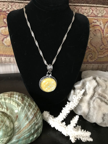 Handcrafted 1.5" Opal  Round Pendant on Sterling Silver Milor Italy 925 Wheat Chain Necklace