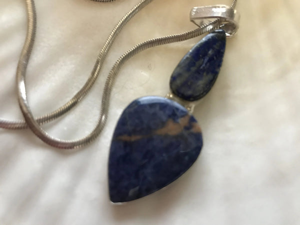 Royal Blue Sodalite Large Silver Pendant on Sterling Snake Chain