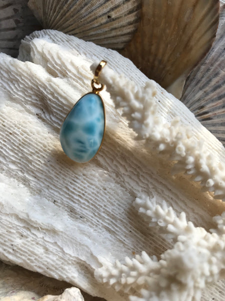 Larimar 24k Gold 1 & 1/8th Inch  Drop 18" Necklace Caribbean Blue Color