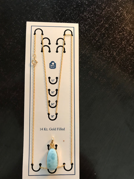 Larimar 24k Gold 1 & 1/8th Inch  Drop 18" Necklace Caribbean Blue Color
