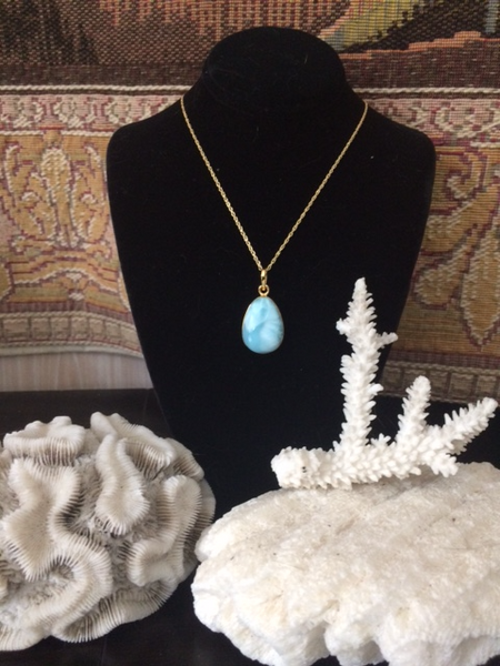 Larimar 24k Gold 1 & 1/8th Inch  Drop 18" Necklace Caribbean Blue Color
