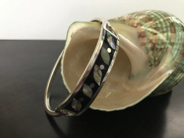 Sterling Silver Mexican Inlaid Abalone Hook Bangle Bracelet