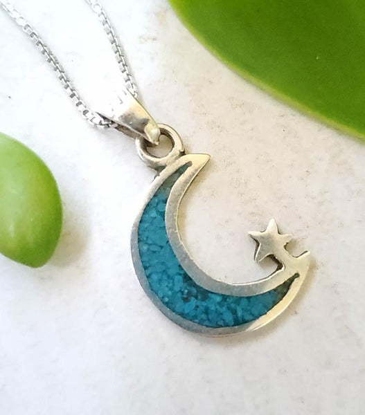 Mexico Alpaca Silver & Turquoise Crescent Moon 20" Necklace