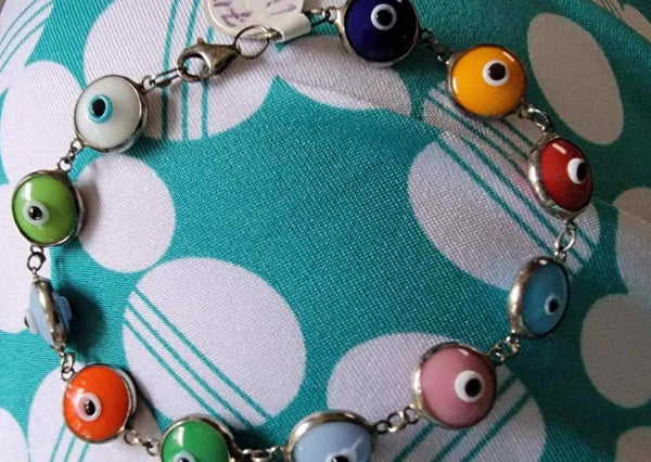 Greek Evil Eye Protection Multi-Color Sterling Silver Bracelet chain 7.5"