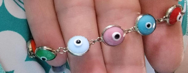 Greek Evil Eye Protection Multi-Color Sterling Silver Bracelet chain 7.5"
