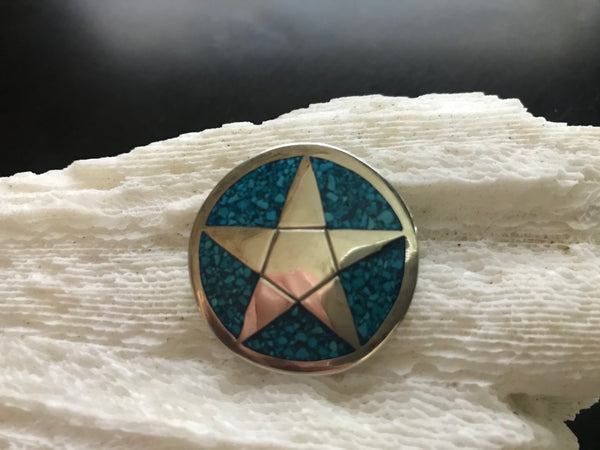 Native Alpaca Star Aztec Inlaid Turquoise Silver Pendant or Pin