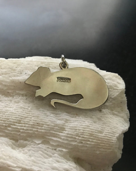 Native Alpaca Mouse Aztec Inlaid Turquoise Silver Pendant