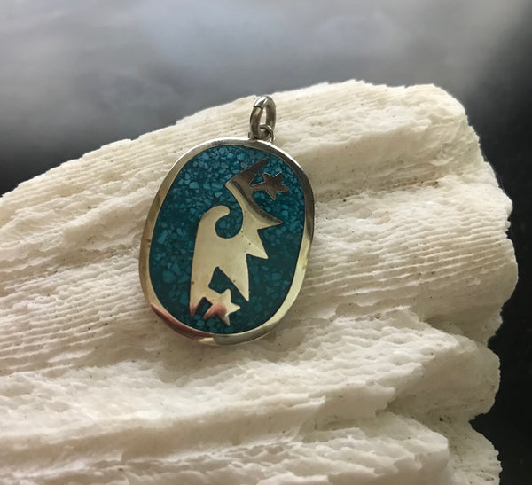 Native Alpaca Star Bird Aztec Inlaid Turquoise Silver Pendant